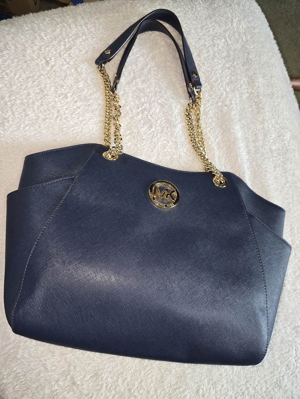 Michael Kors Navy Saffiano Tote with Gold Chain Accents